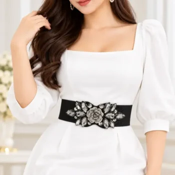 Rose rhinestone inlaid elastic waist belt